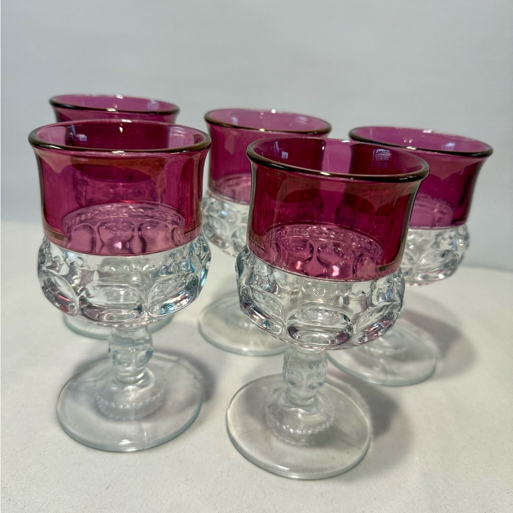 5 Tiffin-Franciscan King's Crown Thumbprint Cranberry Flash Water Goblets